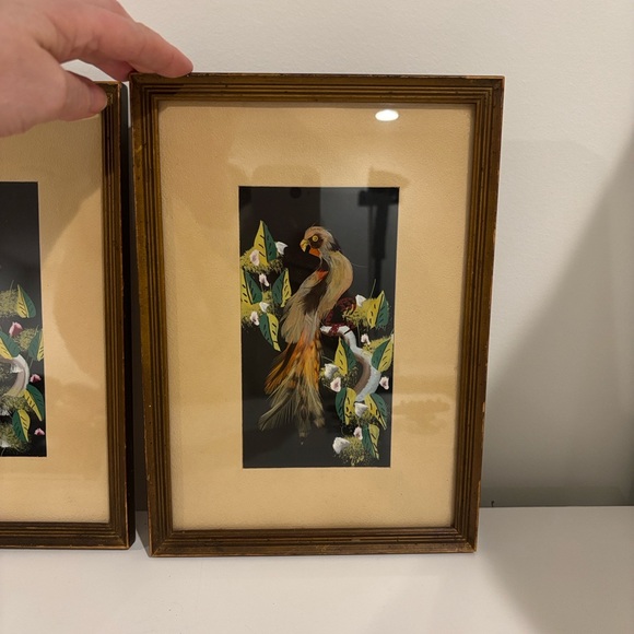 Vintage Mexican bird feather art paintings wood frames SET OF TWO 10.75" X 7.5" - Picture 4 of 13